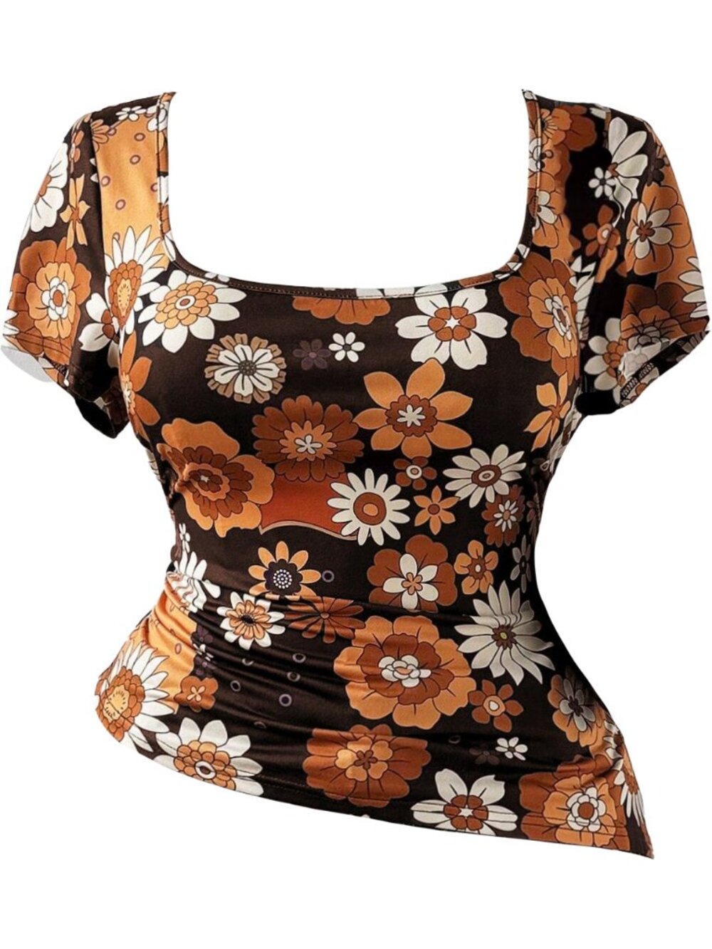 Square Neck Shoulder Ruched Floral Print T-Shirt, Asymmetrical Hem